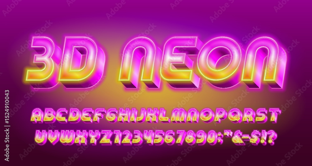 Poster 3d neon alphabet font. glowing neon 80s style letters and numbers. abstract polygonal background. st
