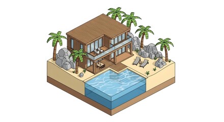 Beach House Isometric View with Pool and Palms