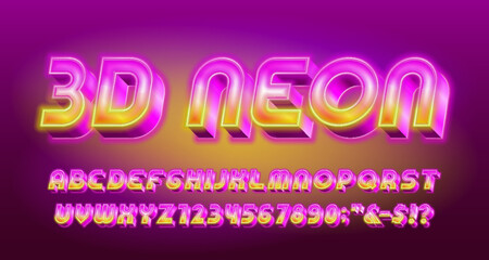 3D Neon alphabet font. Glowing neon 80s style letters and numbers. Abstract polygonal background. Stock vector typeface for your design.