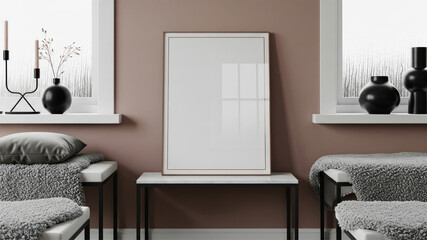 Mockup poster frame on table between two cozy benches in modern interior with soft textiles and decorative vases