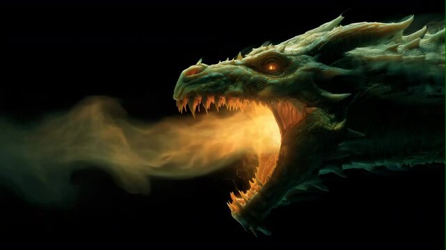 fire breathing green dragon on black background