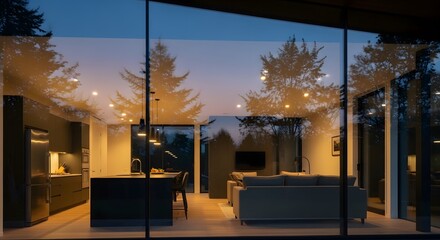 Modern House Interior at Dusk with Kitchen and Living Room