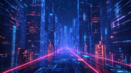 Fototapeta premium Futuristic cityscape with glowing structures and digital pathways, showcasing advanced urban innovation.