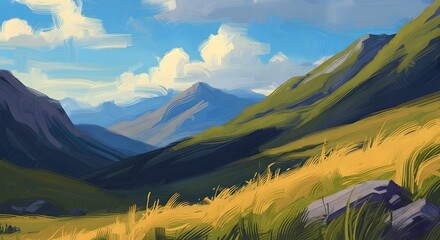 Mountain Valley Scenic Painting Under Blue Sky
