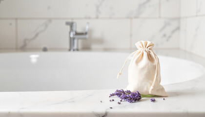 Lavender sachet and dried flowers on marble countertop by bathtub  