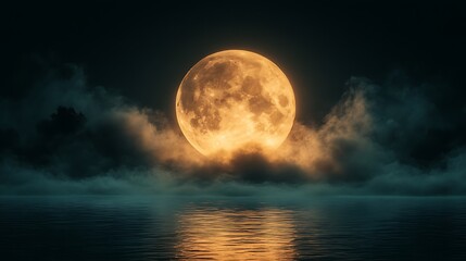 Full golden moon over water