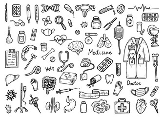 Large medical set. Hand drawn doodle illustration. Body checkup. Ambulance, hospital, doctors. Medicine, therapy, treatment, laboratory tests. Vector line art group of elements.