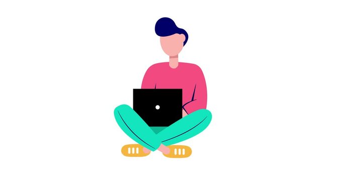 Guy working on laptop. Freelance cartoon 4K video.