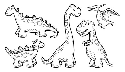 Dinosaurs set. Hand drawn vector illustration. Ancient animals. Tyrannosaurus, brachiosaurus, pterodactyl, stegosaurus. Cute prehistoric lizards. Cartoon character. Doodle line art collection. © Mari Bryk