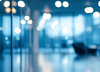 Blurred office interior background with blurry light and modern business work space in the night time, no people, for a design concept. This is a stock photo with 2/3 of the space available to place