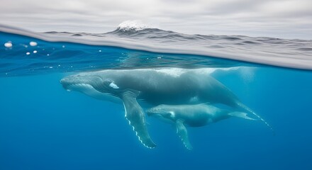 Whale with Calf Swimming Underwater
