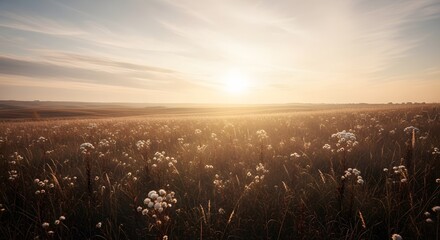 Field with Grass and Flower at Sunset