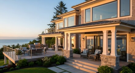 Home Exterior with Ocean View, Deck, and Outdoor Furniture