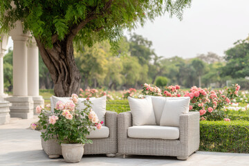 Fototapeta premium serene garden scene featuring light chairs with soft cushions surrounded by lush greenery and blooming flowers