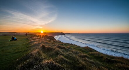 Coastal View with People and Sunset Scenery