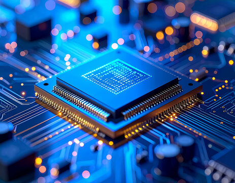 Microcontroller Unit (MCU) on Tiny Board with Blue and Orange Glow