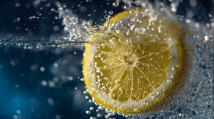 A vibrant lemon slice splashes into clear water, creating bubbles and ripples against a blue backdrop