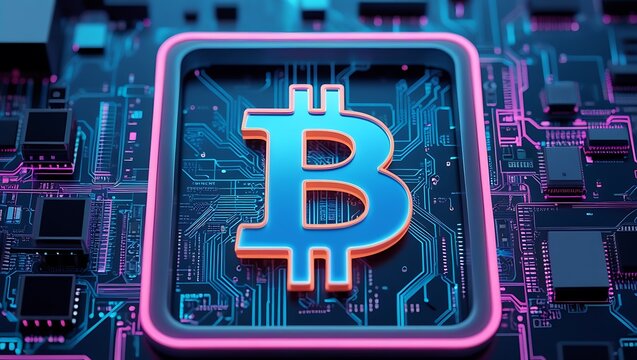 Bitcoin cryptocurrency on circuit board