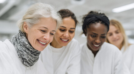 group of diverse women engineers collaborating on groundbreaking project in modern lab