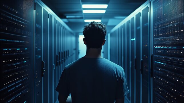 A lone engineer walking through a vast server room ensuring the digital world runs smoothly blue