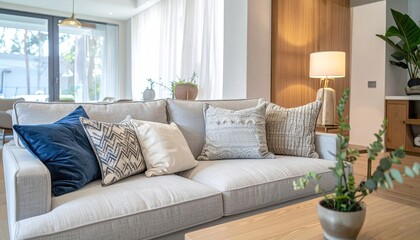 Fototapeta premium Inviting living area with cozy sofa and stylish pillows, offering comfort and elegance