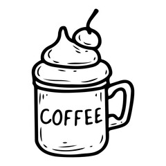 Coffee mug with cream and cherry. Hand drawn doodle vector. Invigorating hot drink brewed from roasted beans. Cappuccino, raf, glace, latte. Illustration line art element.