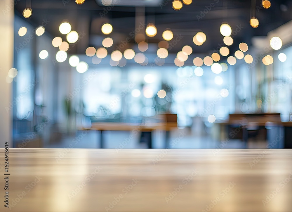 Poster blurred office interior background with bokeh lights and tables for text, product display, or design