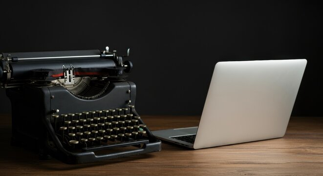 Vintage typewriter and modern laptop on a wooden table with dark background