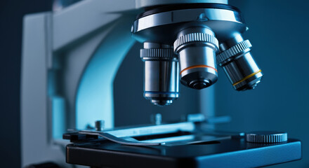 Close-up view of a microscope with multiple objective lenses in focus