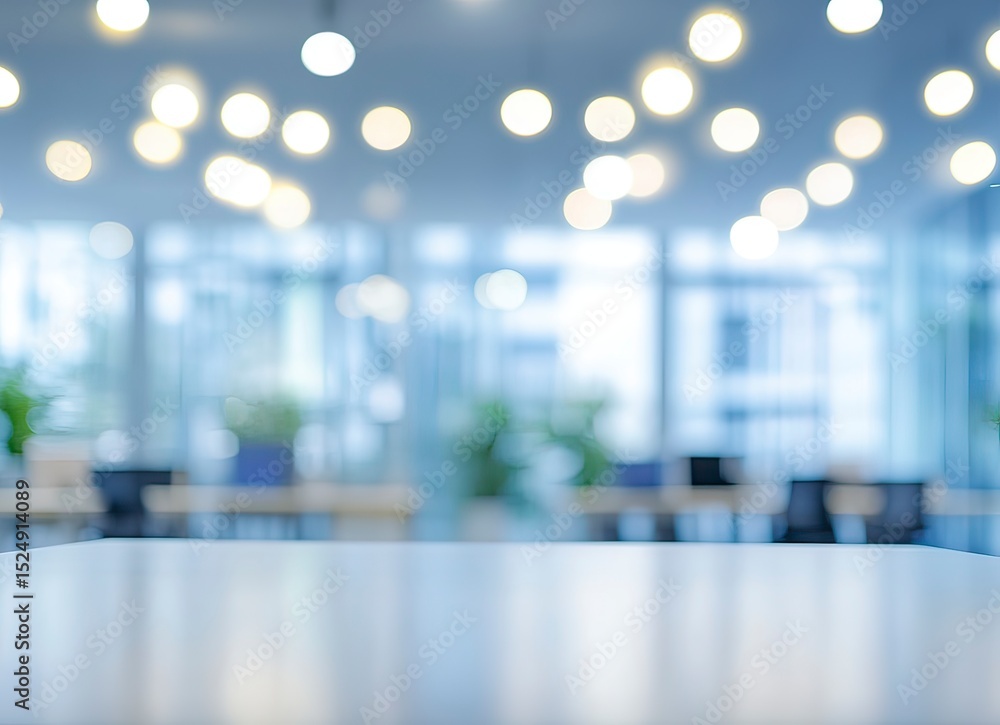 Poster blurred office interior background with bokeh lights and tables for text, product display, or design