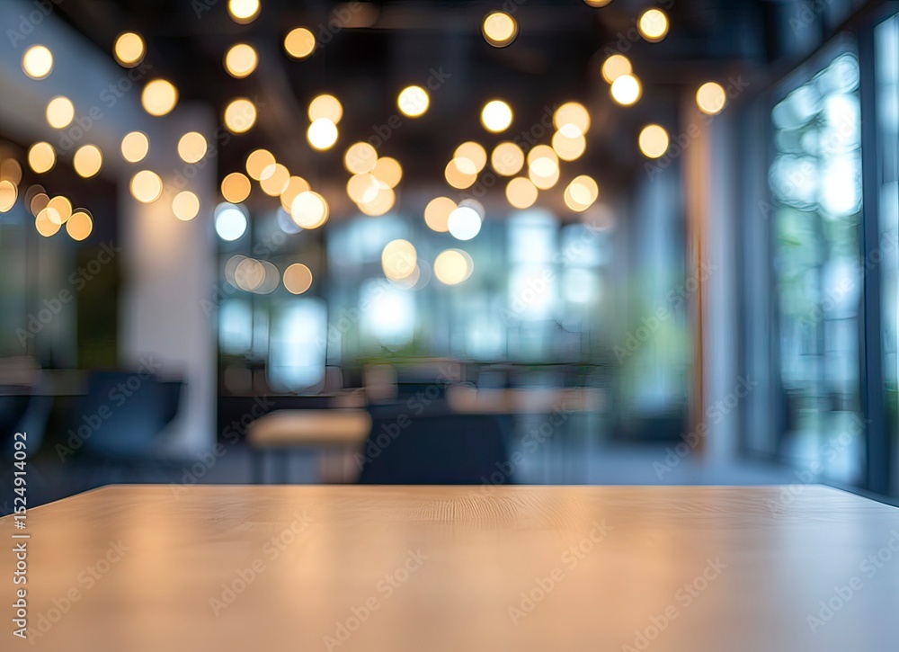 Poster blurred office interior background with bokeh lights and tables for text, product display, or design