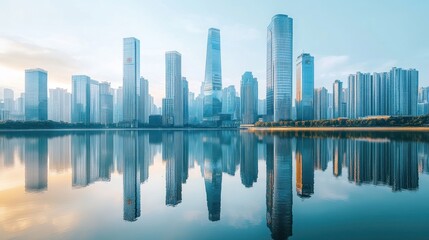 Obraz premium City skyline reflected in calm water