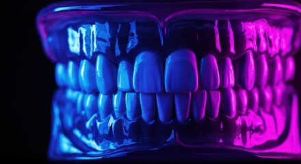 Vibrant dental model showcasing realistic teeth in blue and pink lighting