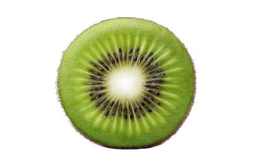 Close-up of a kiwi fruit slice, vibrant green flesh, dark seeds in a circular pattern