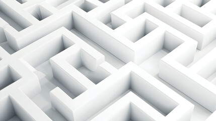 A 3D white maze with high walls and sharp angles viewed from above, creating a complex geometric pattern.