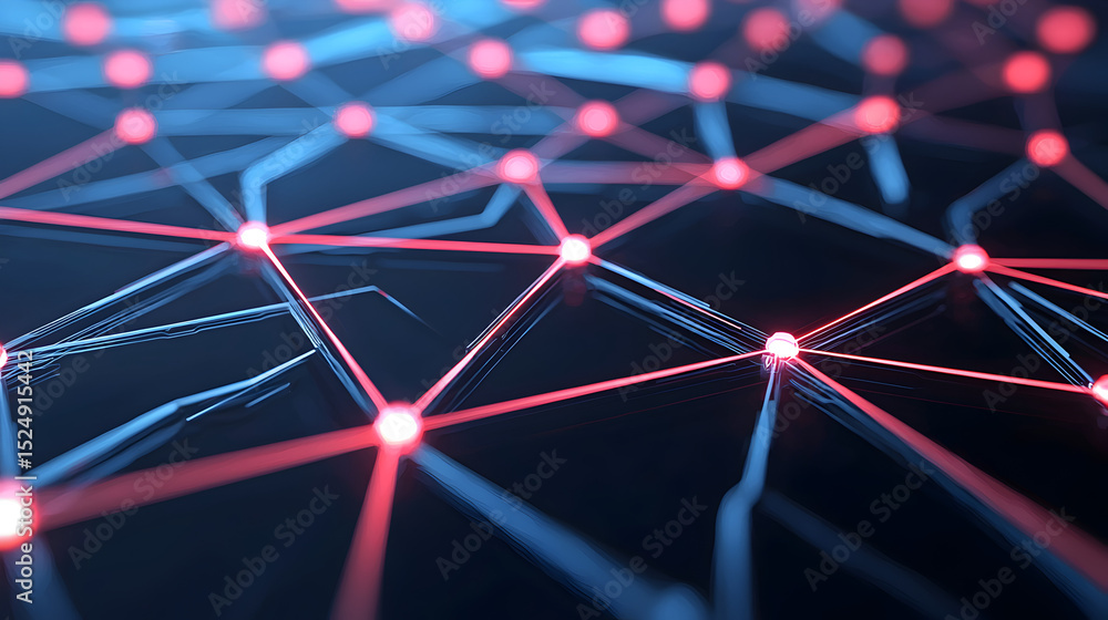 Poster a network of glowing red and blue nodes and lines forming a digital, futuristic grid pattern on a da