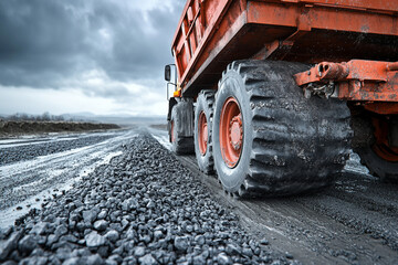 Large Orange Dump Truck Tires on Gravel Road Under Cloudy Sky Landscape View