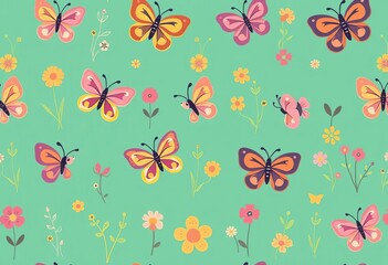 Fototapeta premium Cute cartoon butterflies and plants in a simple seamless repeat pattern, repeat, seamless