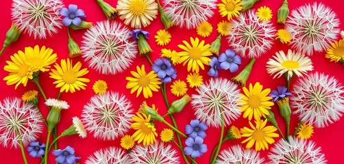 Dandelion clock seed heads & vibrant spring blooms arranged in repeating flat lay pattern on red background, vibrant, print