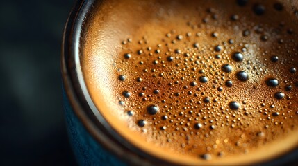 Close-up view of a steaming cup of coffee with bubbles on the surface, creating a warm ambiance