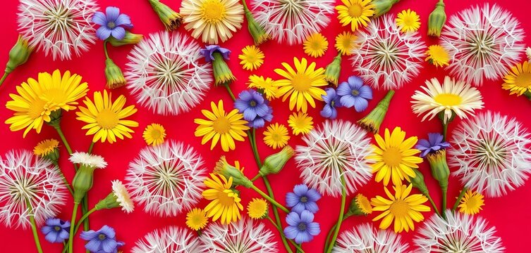 Dandelion clock seed heads & vibrant spring blooms arranged in repeating flat lay pattern on red background, vibrant, print