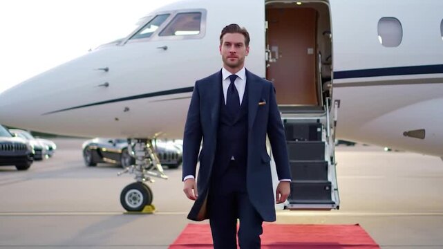 Dapper Businessman Disembarks Private Jet onto Red Carpet with Luxury Cars Awaiting