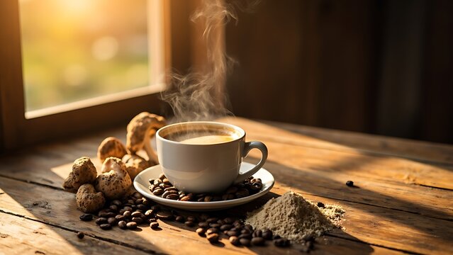 A steaming cup of coffee with coffee beans and pastries on a wooden table in morning light
