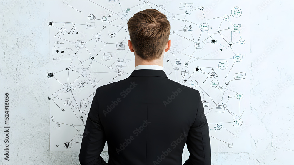Aufkleber a man in a suit studies a complex flowchart with interconnected diagrams on a whiteboard.