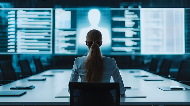 A professional woman analyzes data on large digital screens in a modern, high-tech conference room.