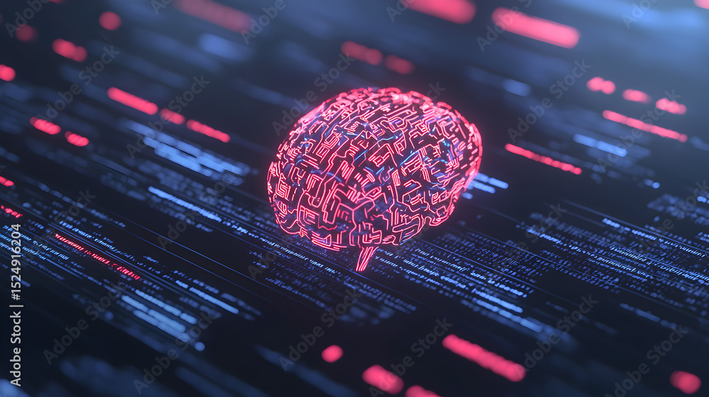 Poster a glowing digital brain surrounded by abstract data streams, symbolizing artificial intelligence and