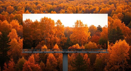 A striking billboard displaying a fall forest scene in a vibrant autumn landscape