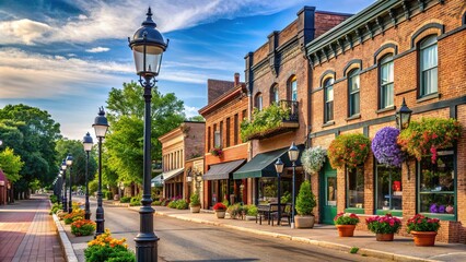 Charming Brick Buildings Line Quaint Town Street with Flowers and Lanterns