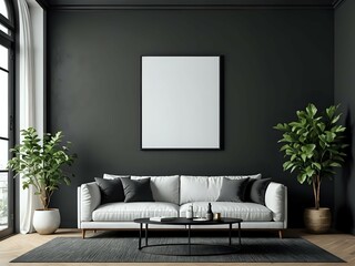 Modern living room interior design featuring a white sofa, plants, and blank artwork.