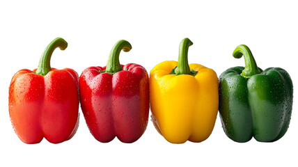 Four colorful bell peppers red, yellow, and green, arranged in a row on transparent background
